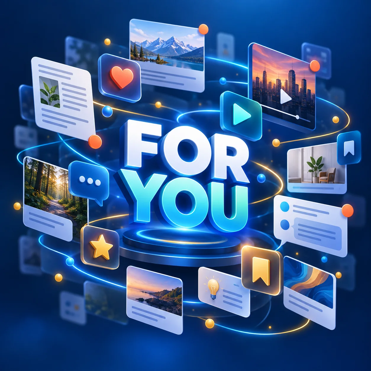 A For You feed surrounded by articles, videos, conversations, and saved ideas